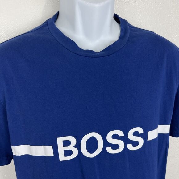 BOSS Hugo Boss Shirt Men Large Blue Short Sleeve Slim Fit Solid Spellout Tee - Picture 5 of 11